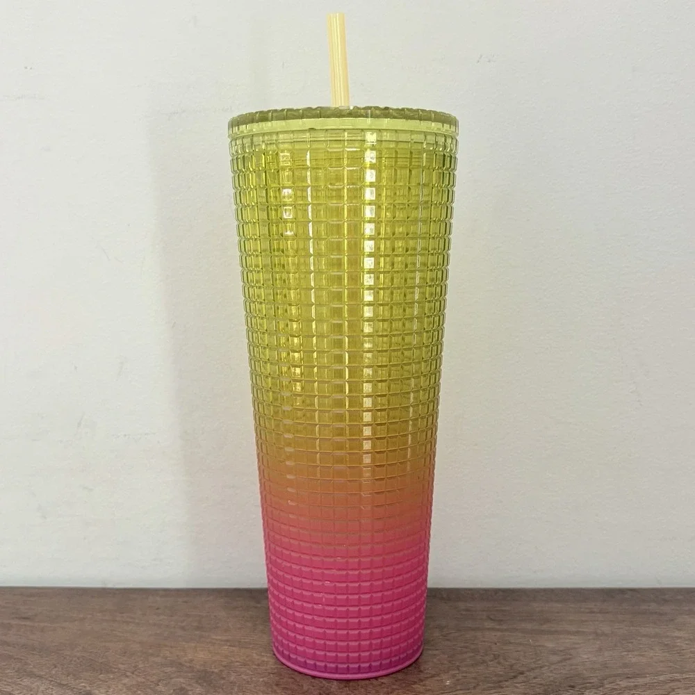 Starbucks Tumbler Cup Gradient Yellow Pink Textured Plastic Cold Cup Lid Venti